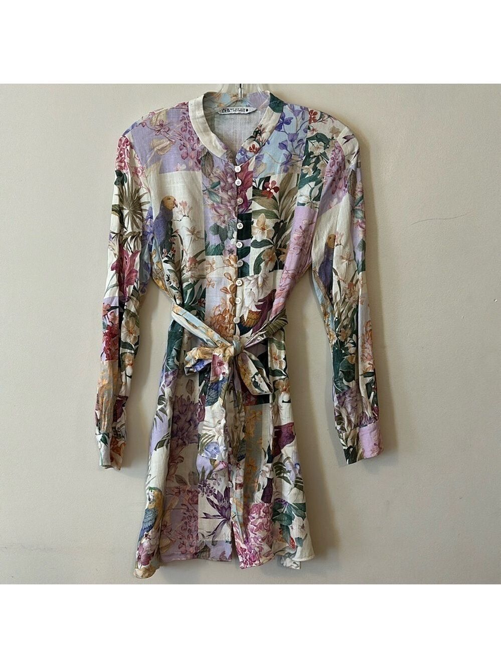 Zara Linen Blend Floral Print Belted Button Front Long Sleeve Mini Dress - Picture 9 of 16